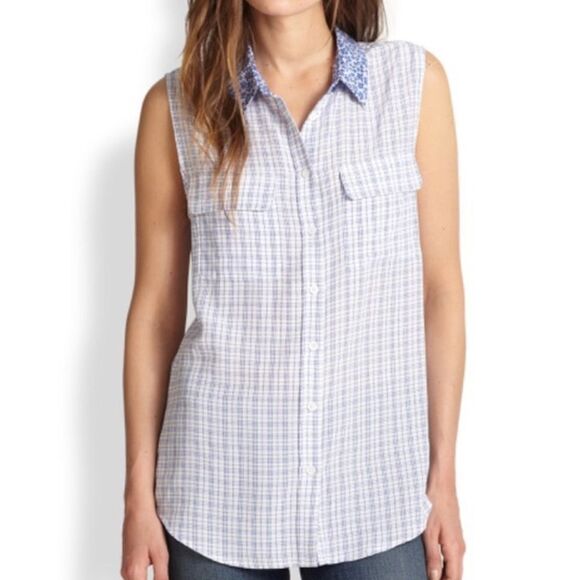 🧡 Equipment Silk Button Down Top in Blue and White with Blue Floral Collar - Picture 1 of 8